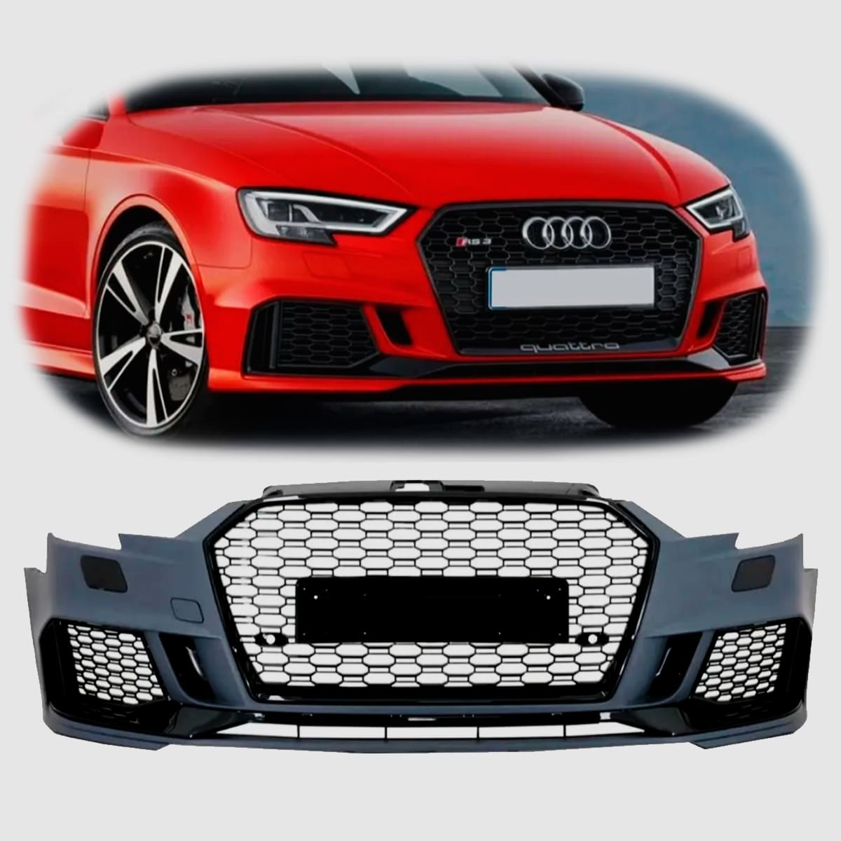 Paragolpe RS3 para Audi A3 8V 17-20 con Rejillas y Parrillas Negra Brillante