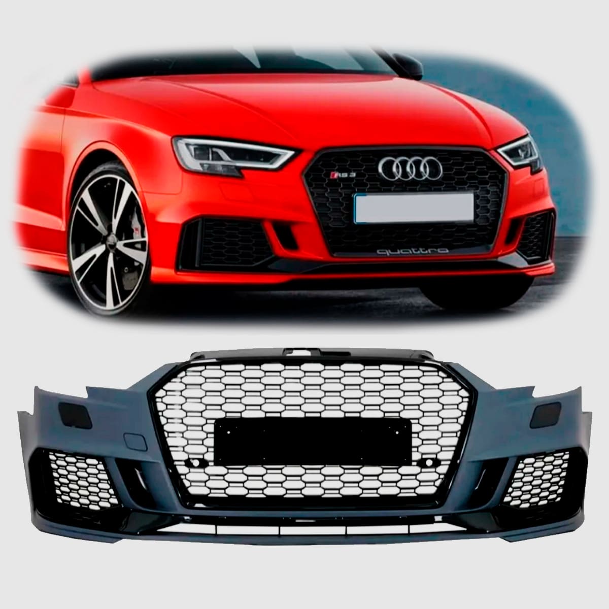 Paragolpe RS3 para Audi A3 8V 17-20 con Rejillas y Parrillas Negra Brillante